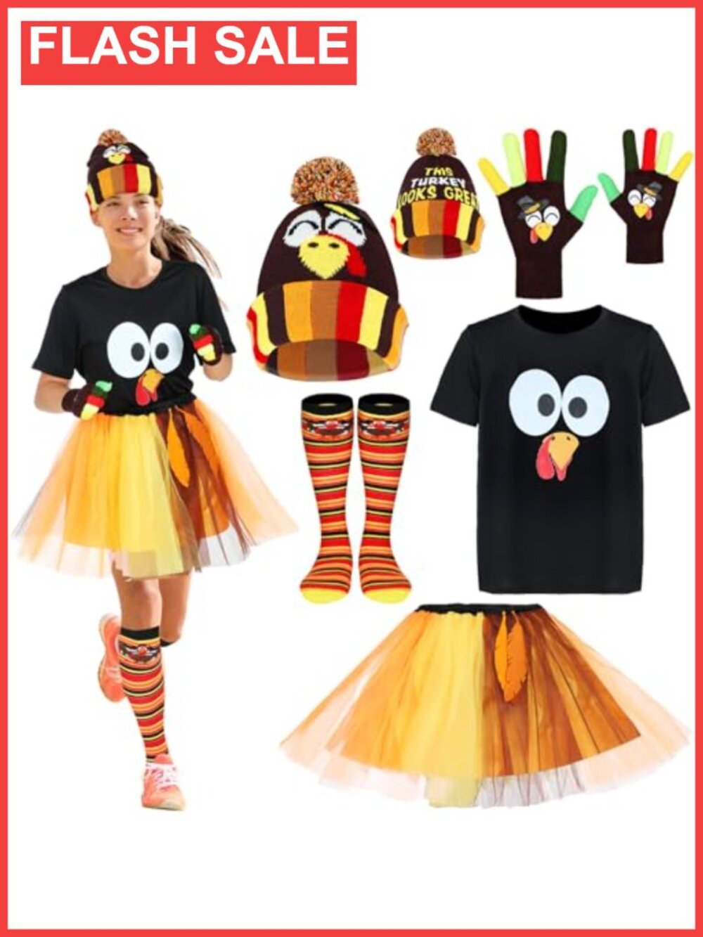 Thanksgiving Turkey Costume Set 5 Pcs Tutu Shirt Hat Socks Gloves Holiday